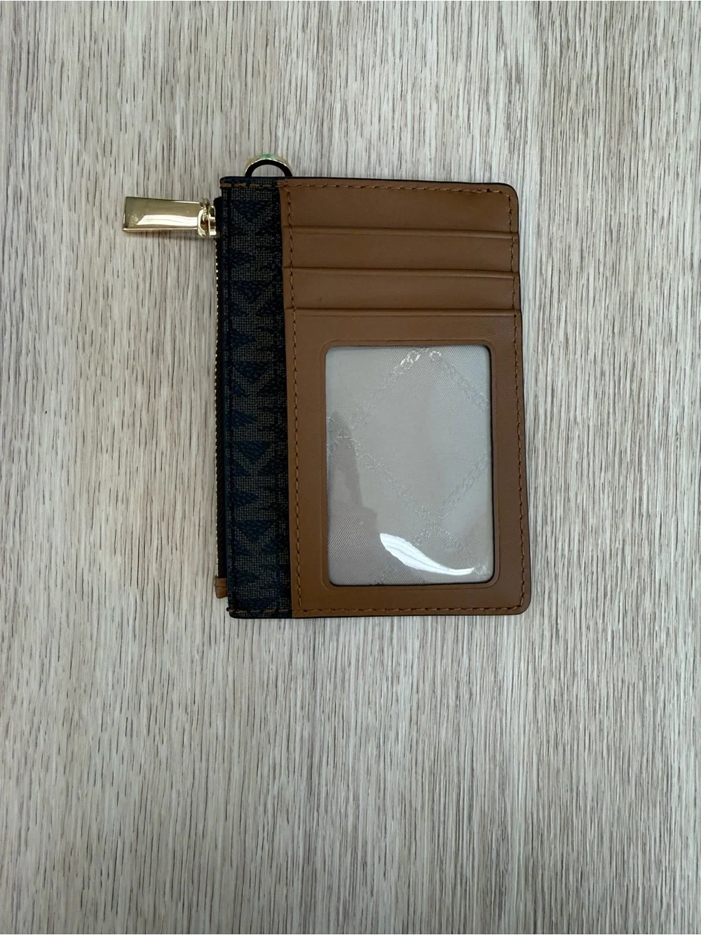 Michael Kors Brown MK Logo Zip Card Pouch with Gold Hardware